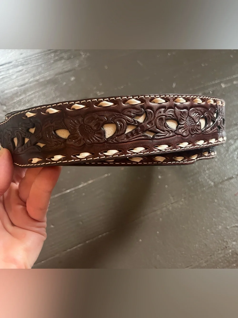 Nocona Dark Brown Tooled Leather Belt with Cream Inlay